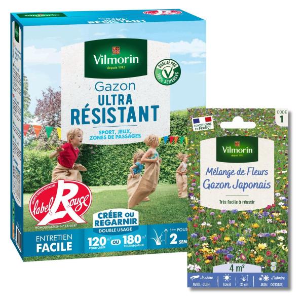 Ultra résistant - Gazon Ultra Résistant - Label Rouge - 3 kg + Gazon Japonais - 4 m² - Mélange de fleurs - face recto